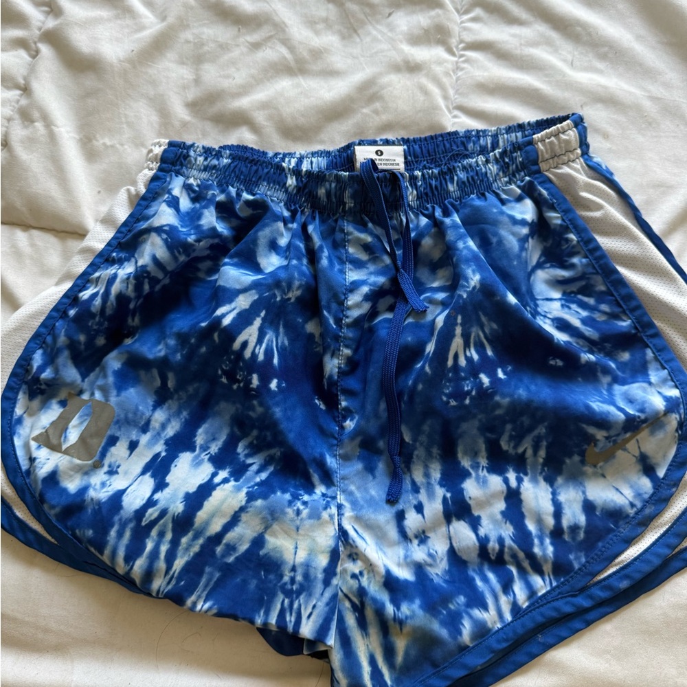 Nike Blue and White Athletic Shorts with Tie-Dye Pattern